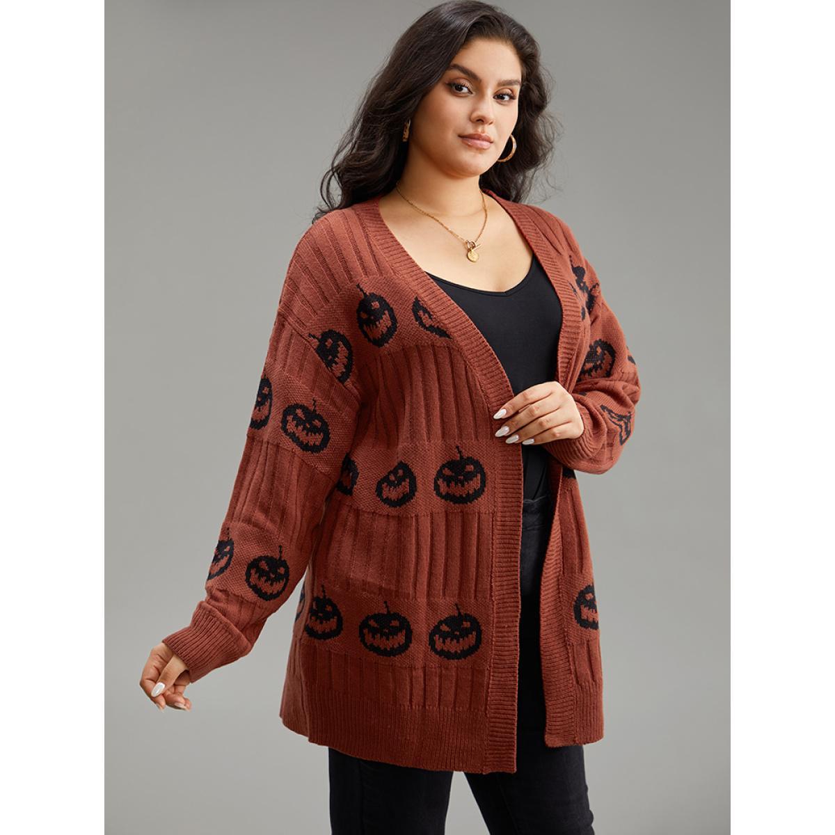 Plus Size Halloween Pumpkin Graphic Open Front Cardigan Rust Women Casual Loose Long Sleeve Festival-Halloween Cardigans BloomChic 30/6X Product Image
