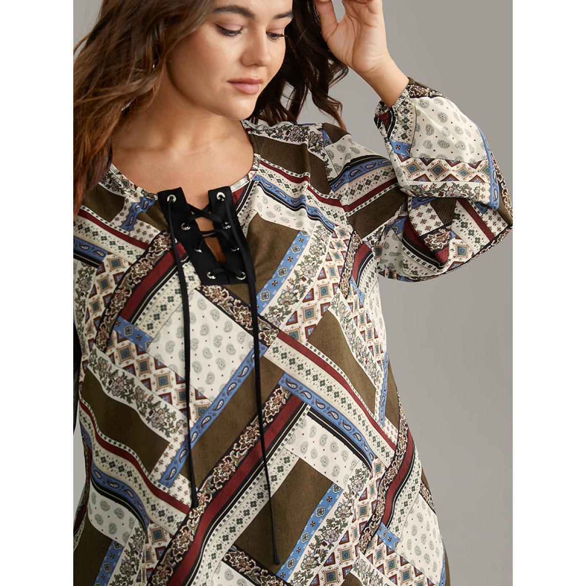 Plus Size Scarlet Moroccan Print Lace Up Lantern Sleeve Blouse Women Vacation Long Sleeve Tie Neck Vacation Blouses BloomChic 14-16/1X Product Image