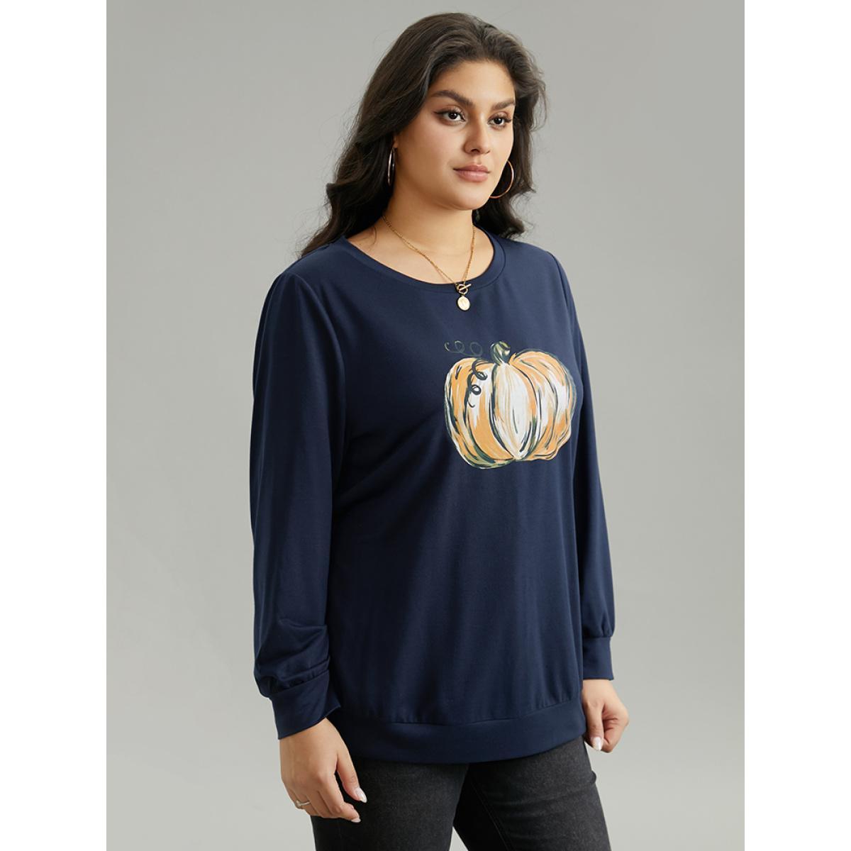 Plus Size Round Neck Pumpkin Print Sweatshirt Women Indigo Casual Printed Dailywear Sweatshirts BloomChic 18-20/2X Product Image
