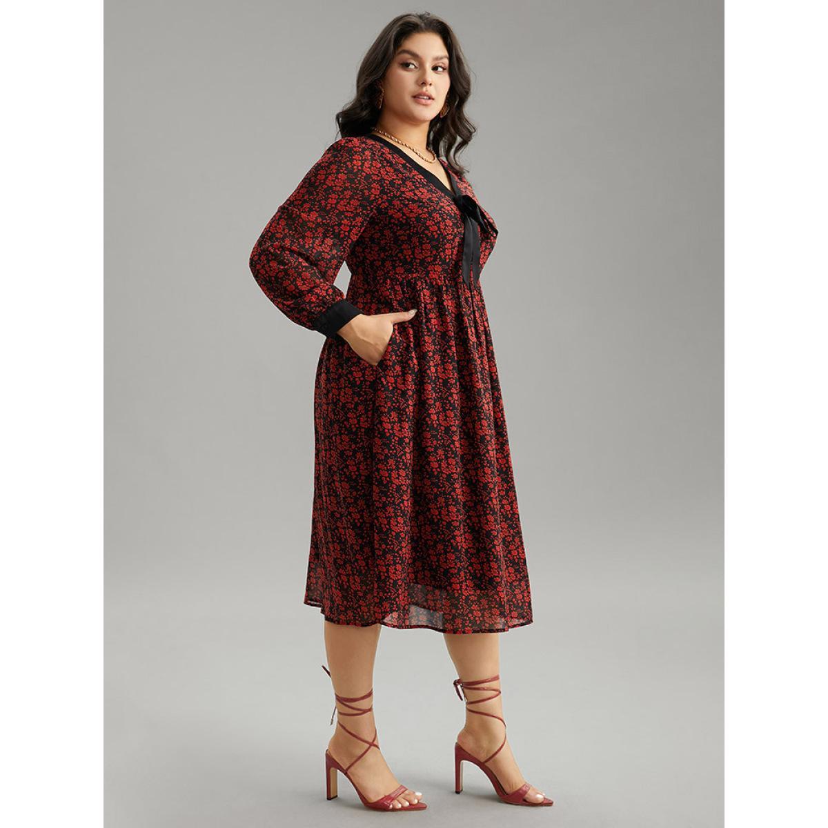 Plus Size Ditsy Floral Patchwork Elastic Waist Ties Dress Black Women Vacation Cross straps Tie Neck Long Sleeve Curvy Midi Dress BloomChic 26/4X Product Image