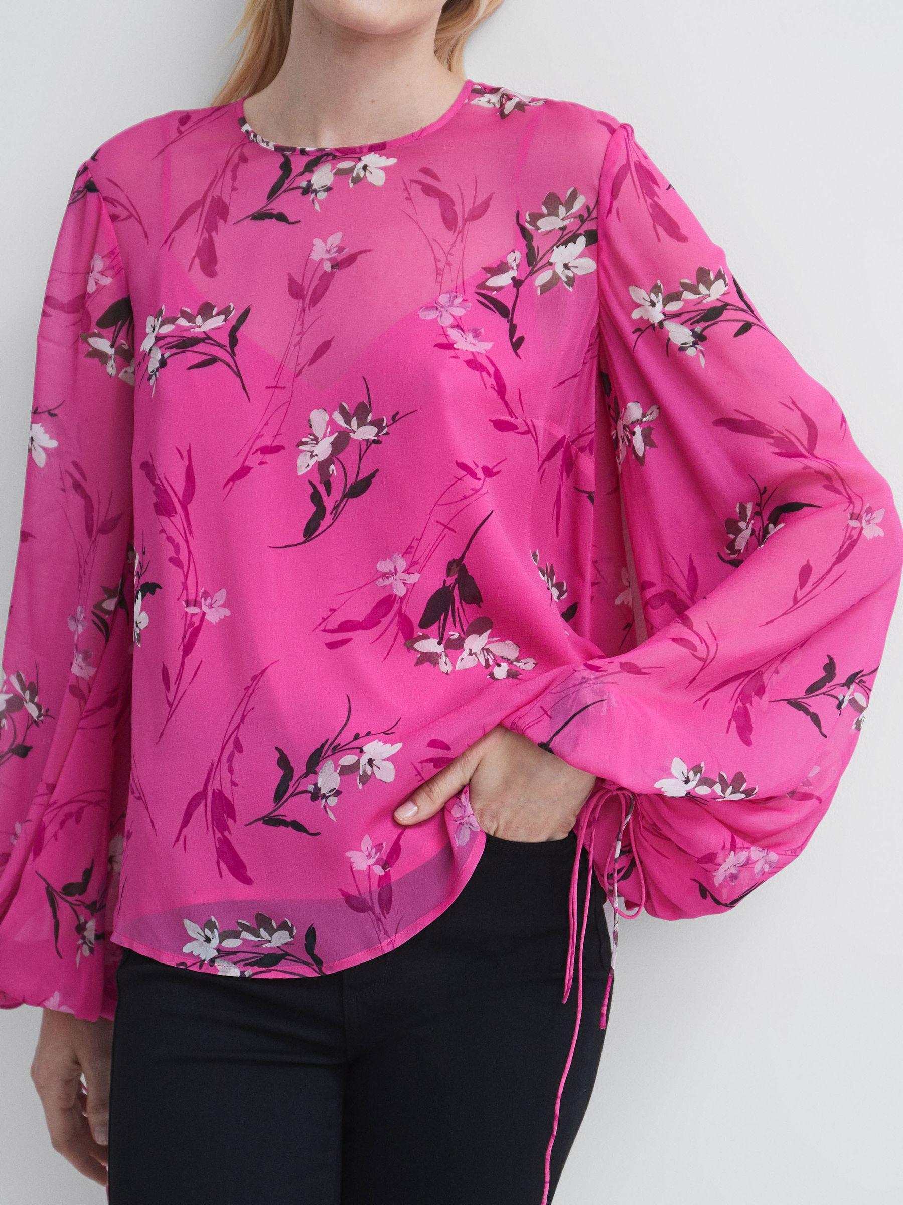 Florere Sheer Floral Top in Bright Pink Product Image