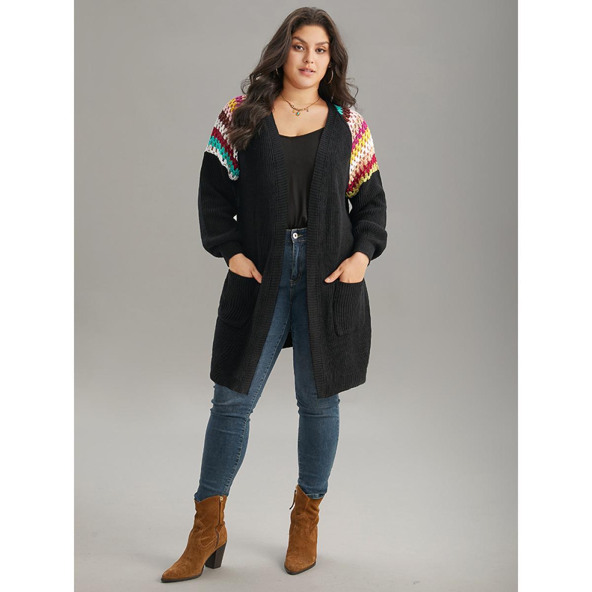 Plus Size Rainbow Embroidered Raglan Sleeve Open Front Cardigan Black Women Casual Loose Long Sleeve Dailywear Cardigans BloomChic 28/5X Product Image