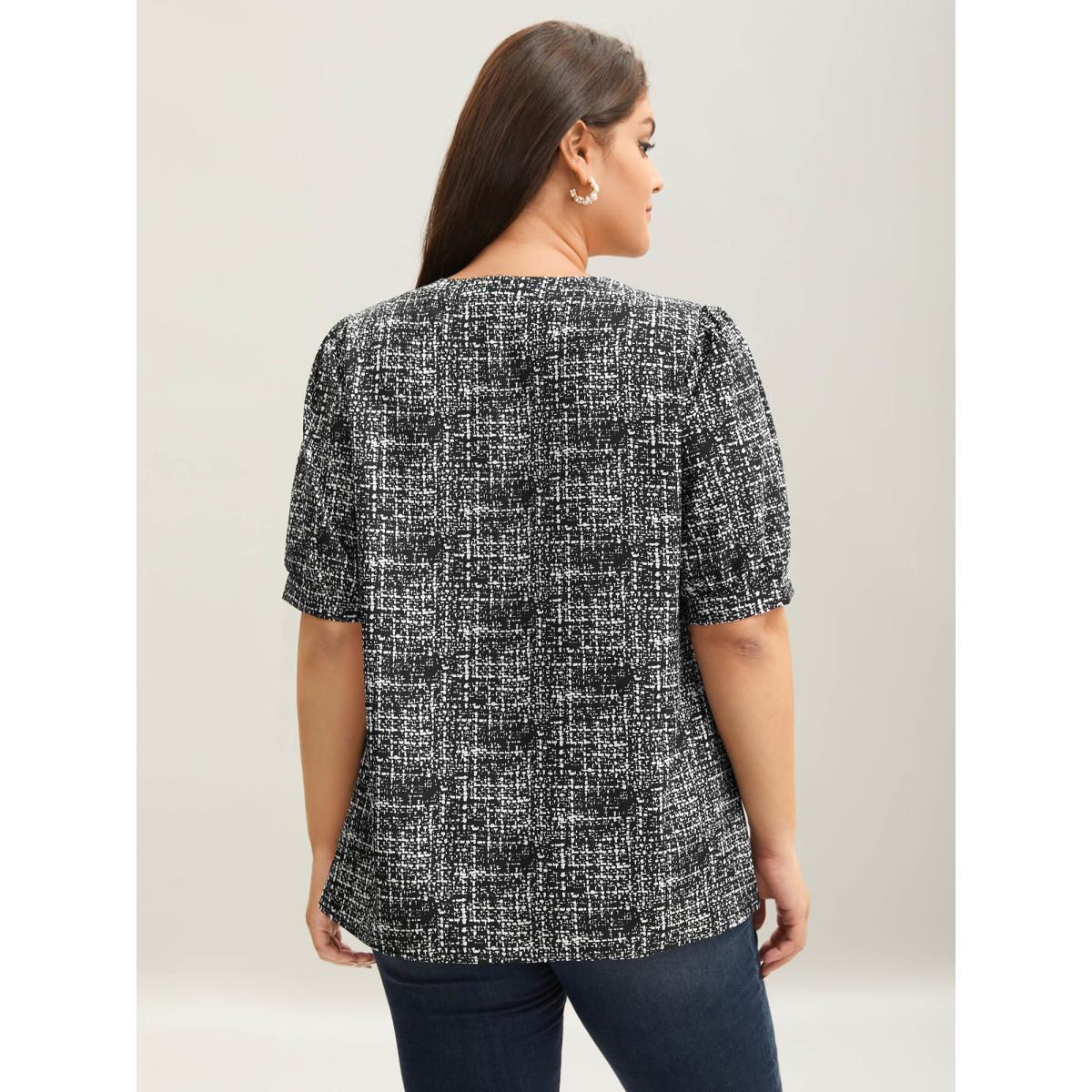 Plus Size Black Geometric Print Puff Sleeve Blouse Women Elegant Short sleeve Flat collar with V-notch Everyday Blouses BloomChic 12/L Product Image