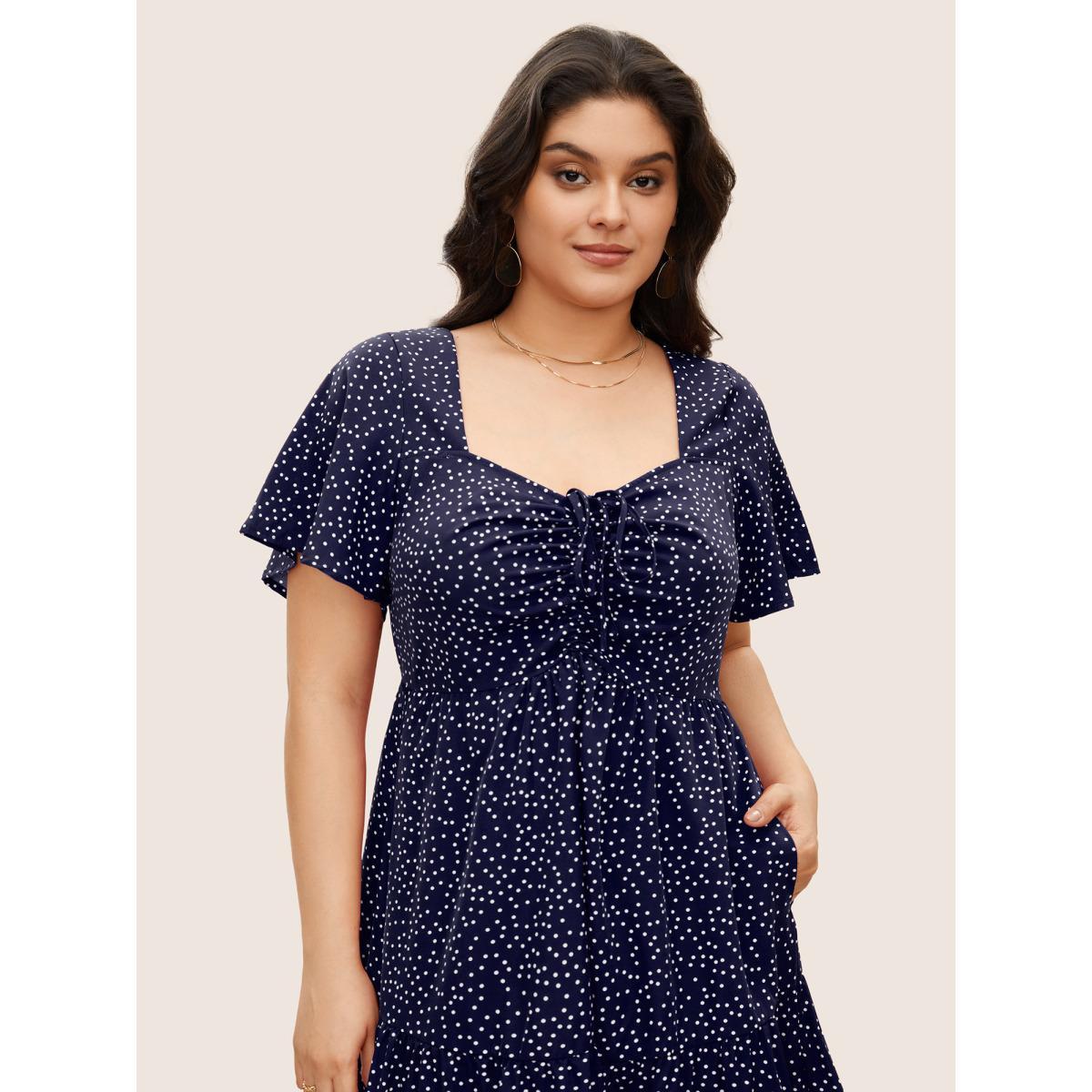 Plus Size Polka Dot Drawstring Ruffle Tiered Ruched Pocket Midi Dress DarkBlue Women Elegant Non Heart neckline Short sleeve Curvy Midi Dress BloomChic 26/4X Product Image
