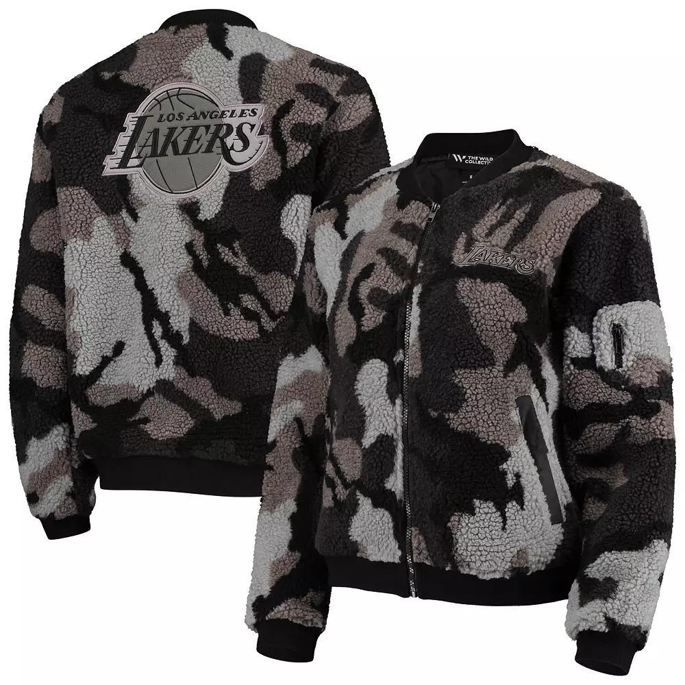 Women's The Wild Collective Black Los Angeles Lakers Camo Sherpa Full-Zip Bomber Jacket, Size: Small Product Image