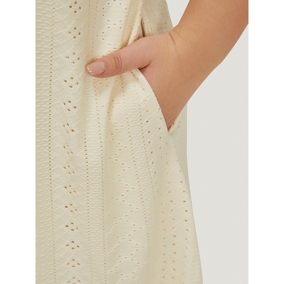 Plus Size Plain Lace Sleeve Pocket Arc Hem Broderie Anglaise Dress Beige Women Casual Lined Round Neck Short sleeve Curvy Midi Dress BloomChic 14-16/1X Product Image
