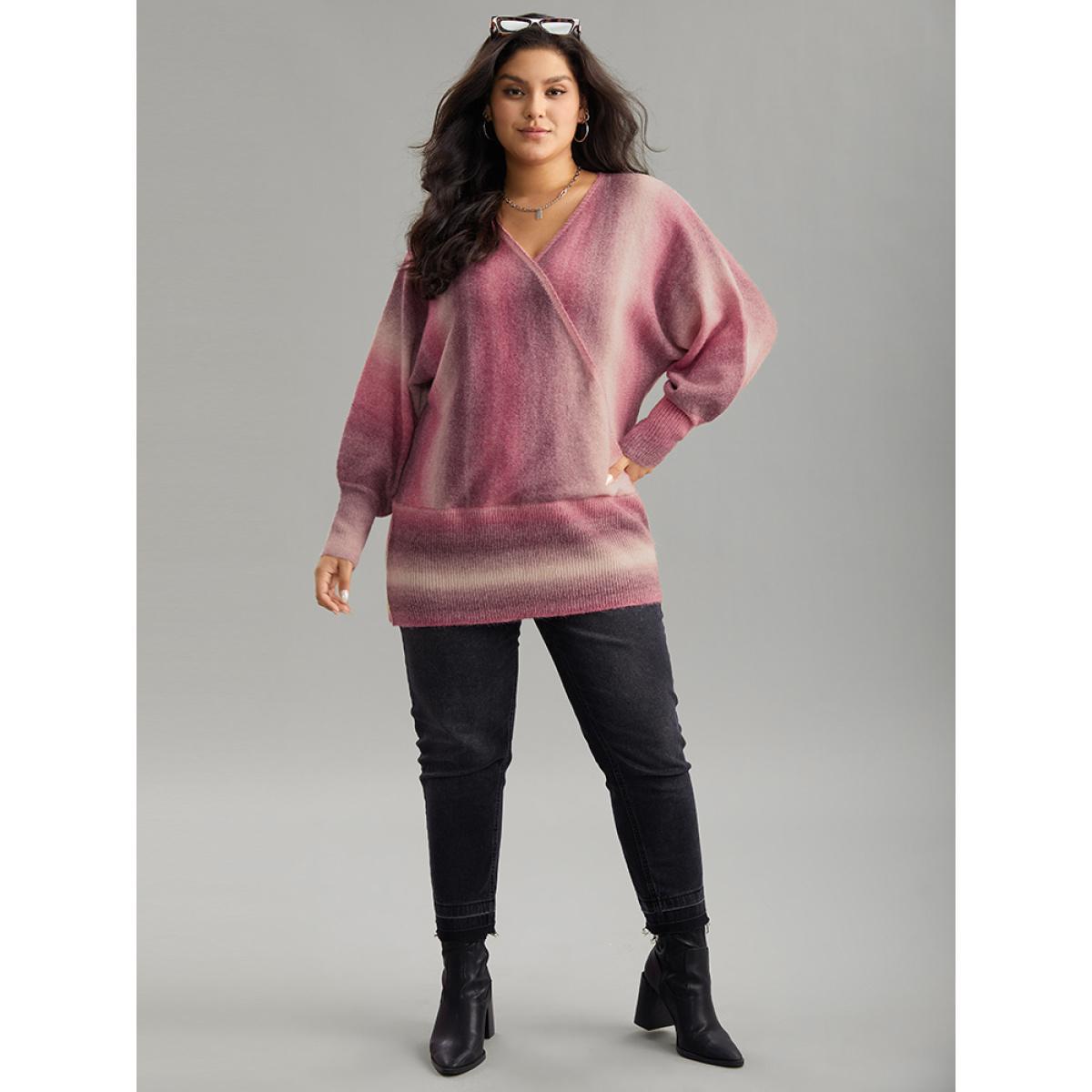 Plus Size Ombre Surplice Neck Elastic Hem Pullover Multicolor Women Casual Loose Long Sleeve V-neck Dailywear Pullovers BloomChic 26/4X Product Image