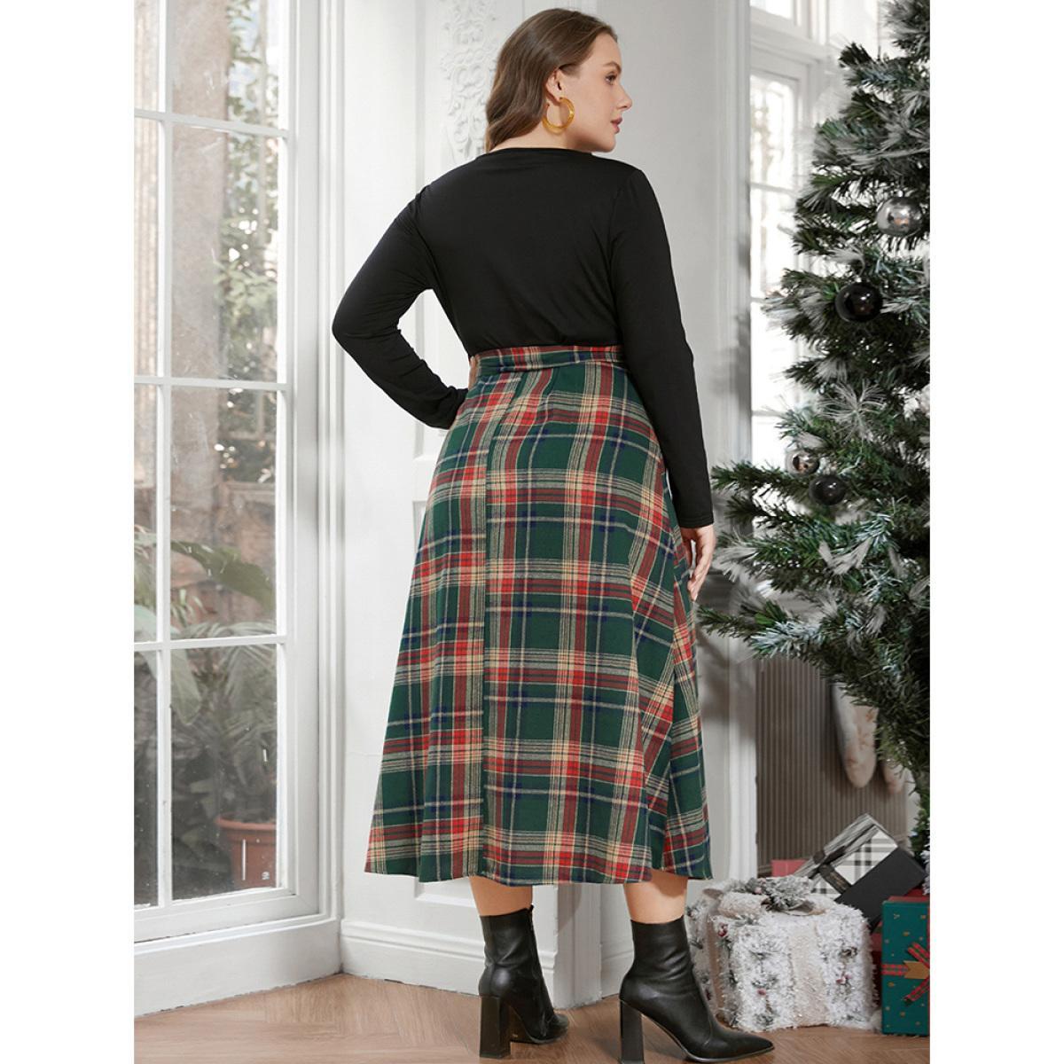 Plus Size Solid Patchwork Surplice Neck Belted Plaid Dress DarkGreen Women Elegant Patchwork V-neck Long Sleeve Curvy Midi Dress BloomChic 30/6X Product Image