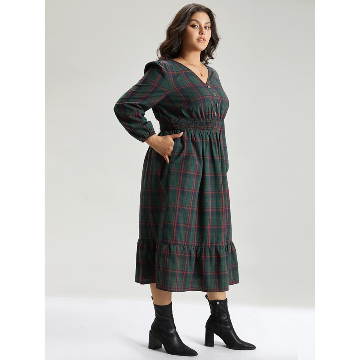 Plus Size Plaid Shirred Button Detail Ruffle Hem Dress Multicolor Women Office Elastic cuffs V-neck Long Sleeve Curvy Midi Dress BloomChic 10/M Product Image