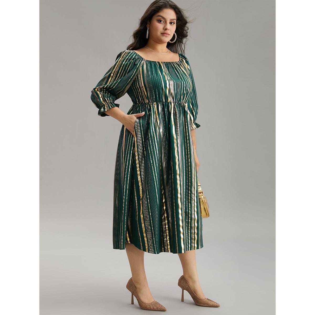 Plus Size Glitter Square Neck Pocket Elastic Waist Dress Cyan Women Party Gathered Square Neck Elbow-length sleeve Curvy Midi Dress BloomChic 26/4X Product Image