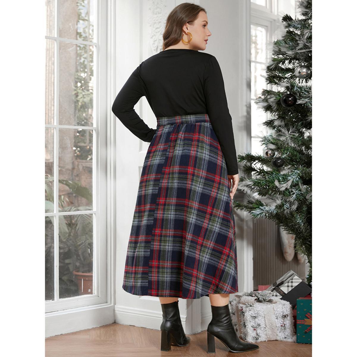 Plus Size Solid Patchwork Surplice Neck Belted Plaid Dress DarkBlue Women Elegant Patchwork V-neck Long Sleeve Curvy Midi Dress BloomChic 26/4X Product Image