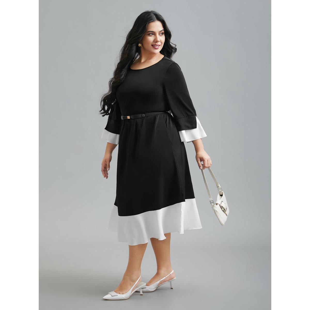 Plus Size Color Contrast Tiered Skirt Pocket Midi Dress Black Women At the Office Contrast Round Neck Elbow-length sleeve Curvy BloomChic 18-20/2X Product Image