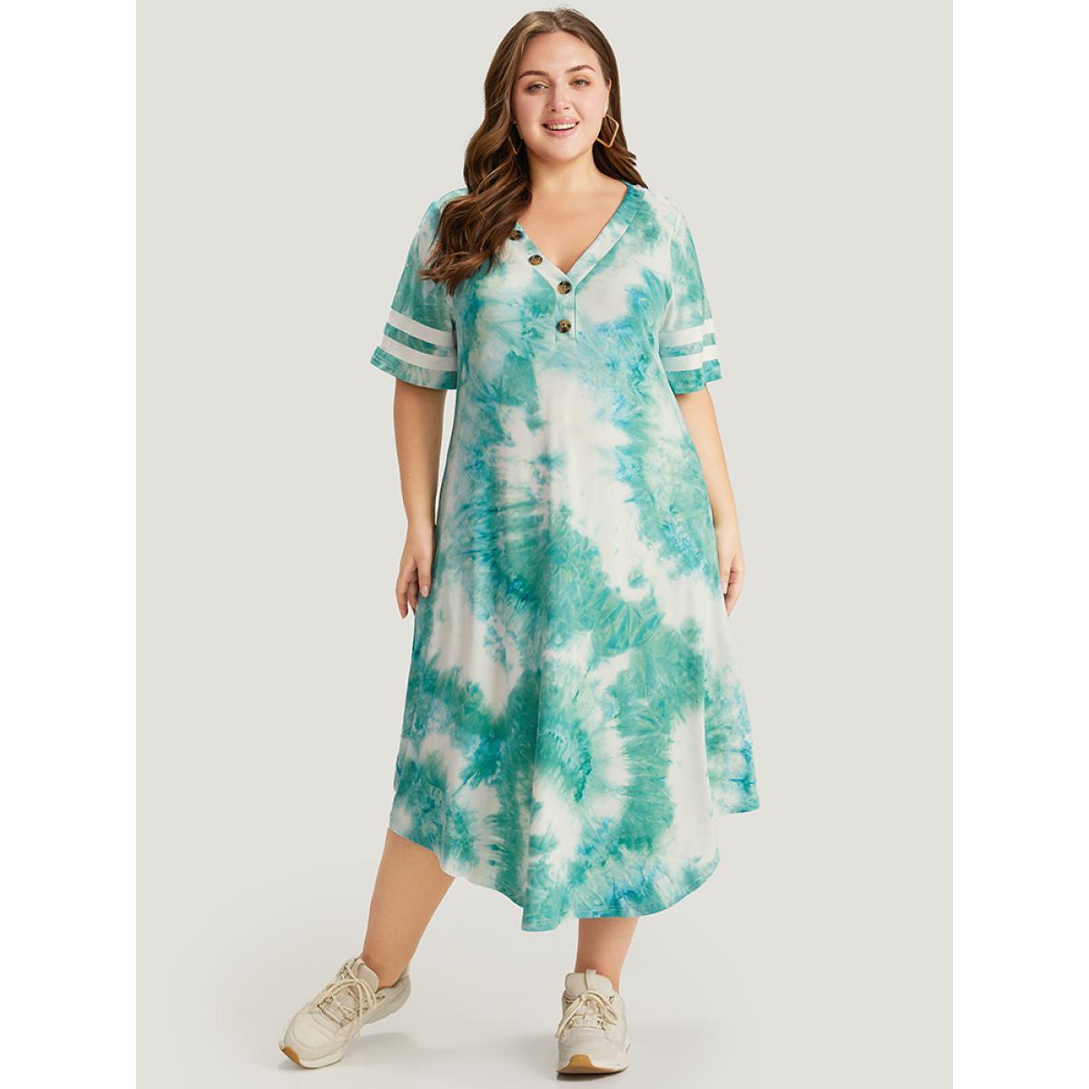 Plus Size Tie Dye & Striped Button Detail Pocket Arc Hem Dress Emerald Women Casual Printed V-neck Short sleeve Curvy Midi Dress BloomChic 22-24/3X Product Image