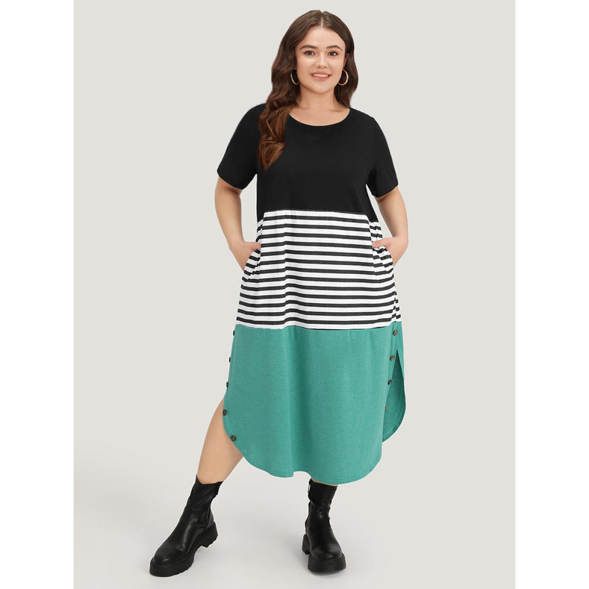 Plus Size Supersoft Essentials Striped Colorblock Arc Hem Button Detail Dress Black Women Casual Arc Hem Round Neck Short sleeve Curvy Midi Dress BloomChic 18-20/2X Product Image