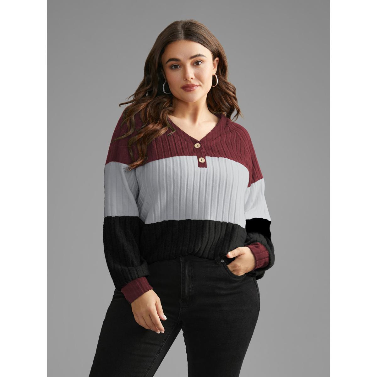 Plus Size Colorblock Contrast Texture Pit Strip T-shirt Burgundy Women Casual Texture V-neck Everyday T-shirts BloomChic 18-20/2X Product Image