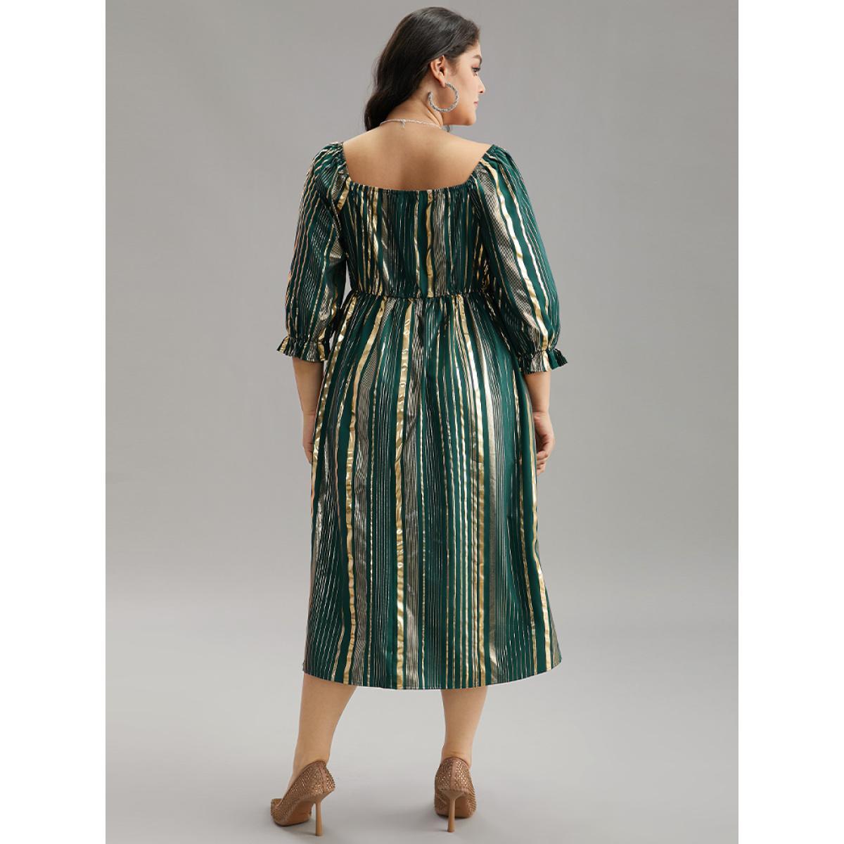 Plus Size Glitter Square Neck Pocket Elastic Waist Dress Cyan Women Party Gathered Square Neck Elbow-length sleeve Curvy Midi Dress BloomChic 26/4X Product Image