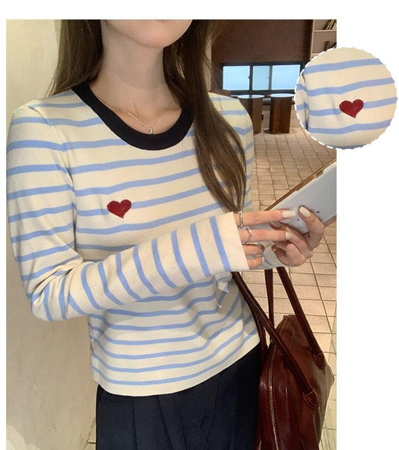 Long-Sleeve Round Neck Striped Heart Bow Embroidered Knit Top Product Image