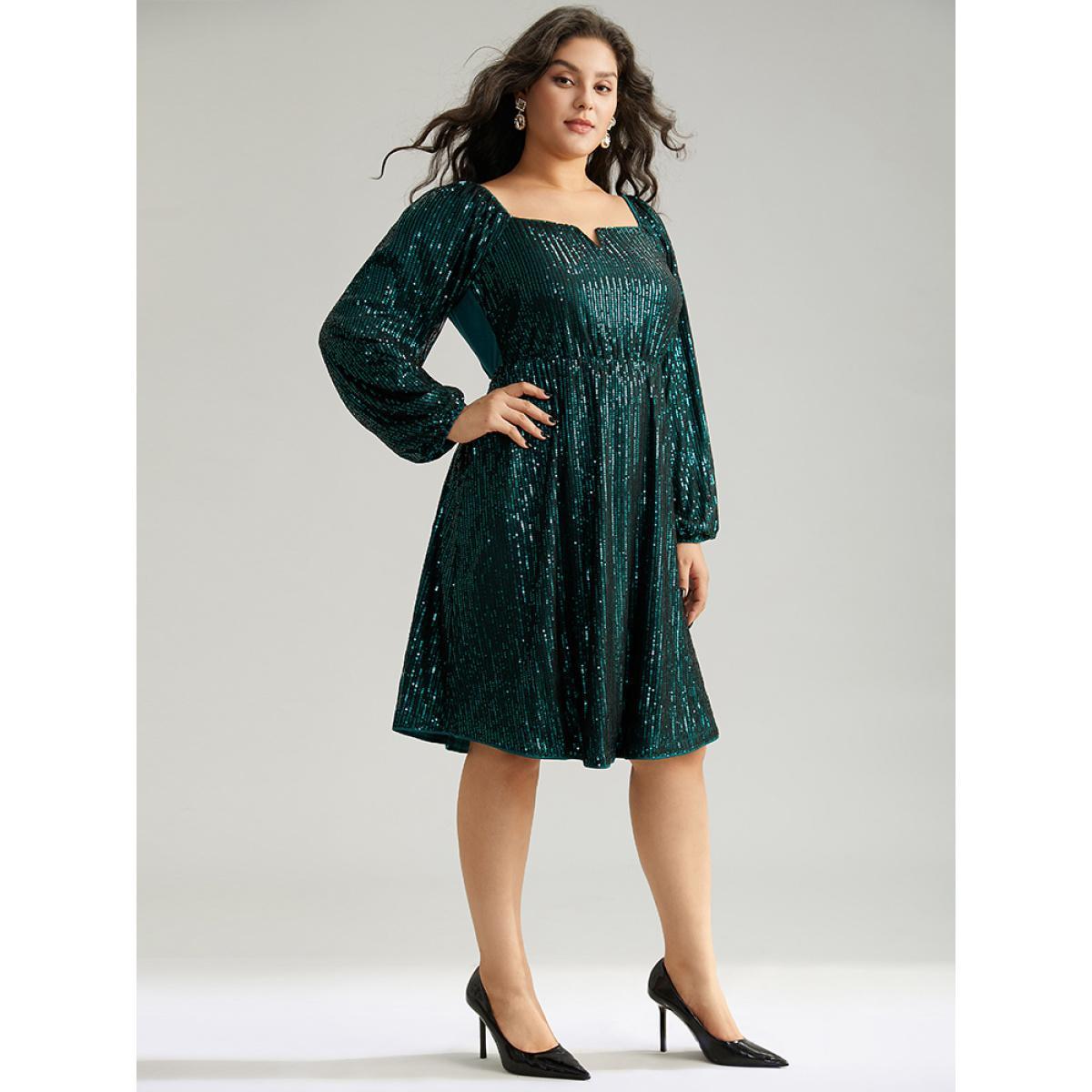 Plus Size Sequin Square Neck Lantern Sleeve Knee Dress DarkGreen Women Party Elastic cuffs Square Neck Long Sleeve Curvy Knee Dress BloomChic 18-20/2X Product Image