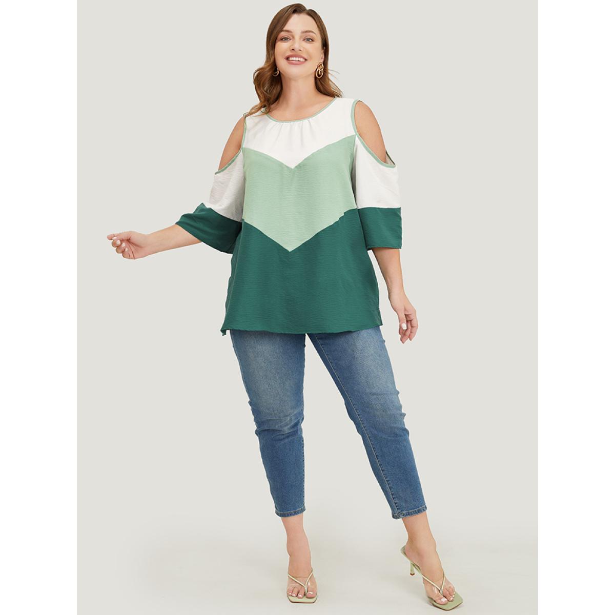 Plus Size Mint Color Block Contrast Trim Cold Shoulder Blouse Women Vacation Elbow-length sleeve Cold Shoulder Dailywear Blouses BloomChic 22-24/3X Product Image