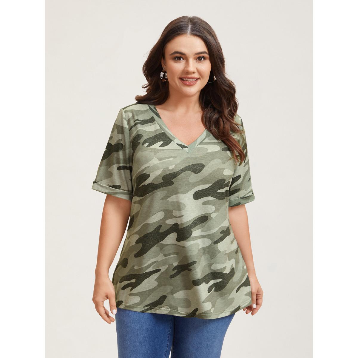 Plus Size Camouflage Print V-Neck Curvy T-Shirt Multicolor Women Elegant Roll Hem V-neck Everyday T-shirts BloomChic 18-20/2X Product Image