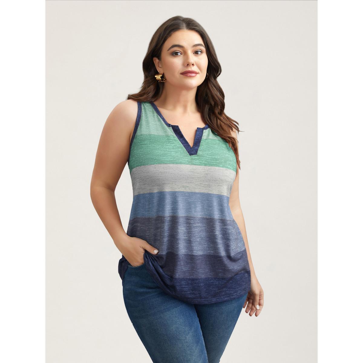 Plus Size Multi-Color Stripes Off-Sleeves Vest Women Indigo Elegant Contrast Notched collar Everyday Tank Tops Camis BloomChic 28/5X Product Image