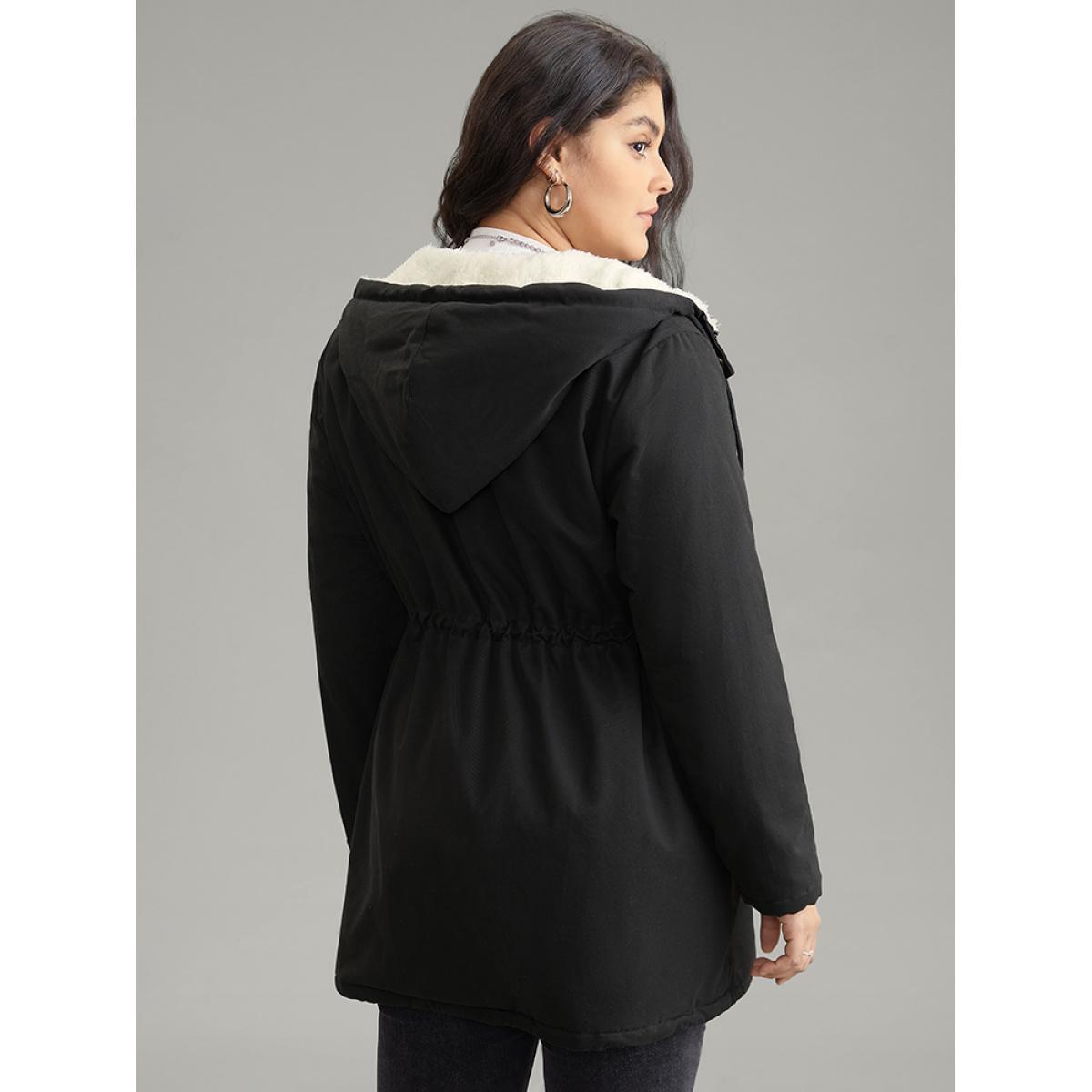 Plus Size Patchwork Drawstring Fuzzy Trim Hooded Zipper Coat Women Black Casual Lined Ladies Dailywear Winter Coats BloomChic 14-16/1X Product Image