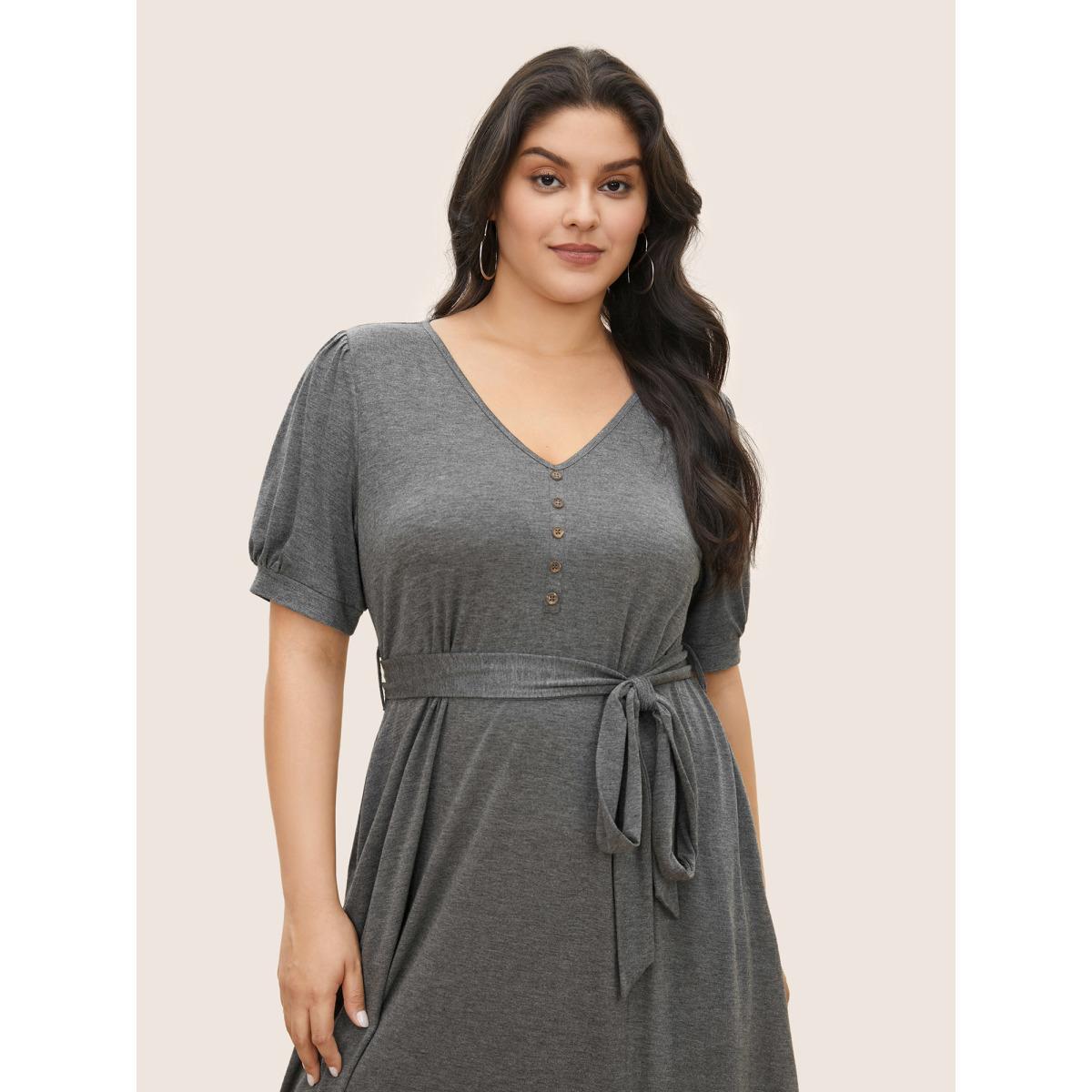 Plus Size Plain Button Detail Lantern Sleeve Belted Dress Gray Women Basics Belted V-neck Short sleeve Curvy Midi Dress BloomChic 28/5X Product Image