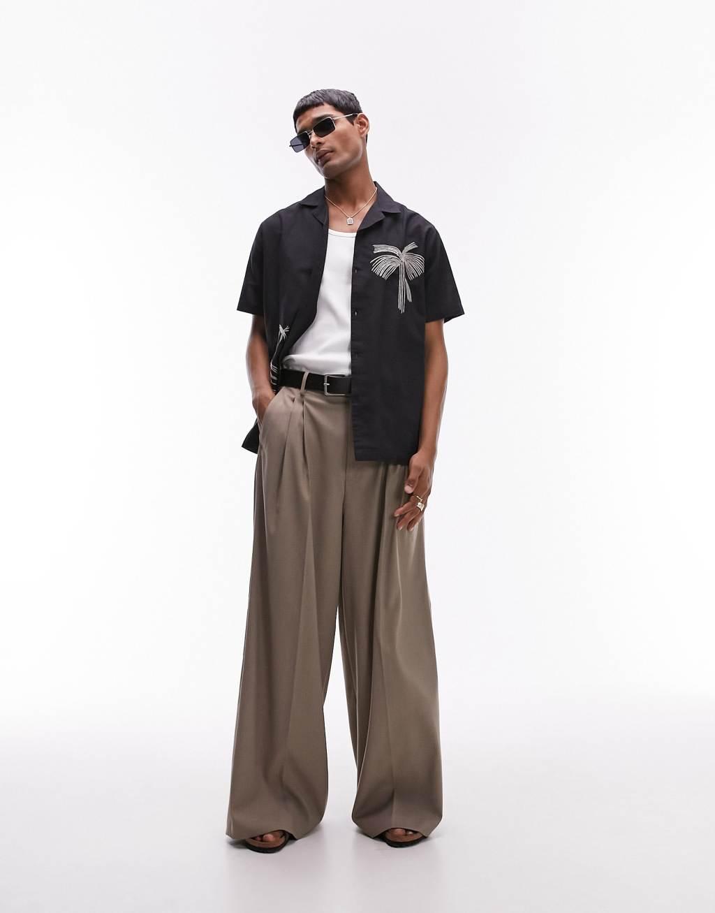 Topman short sleeve embroidered palm shirt in black Product Image