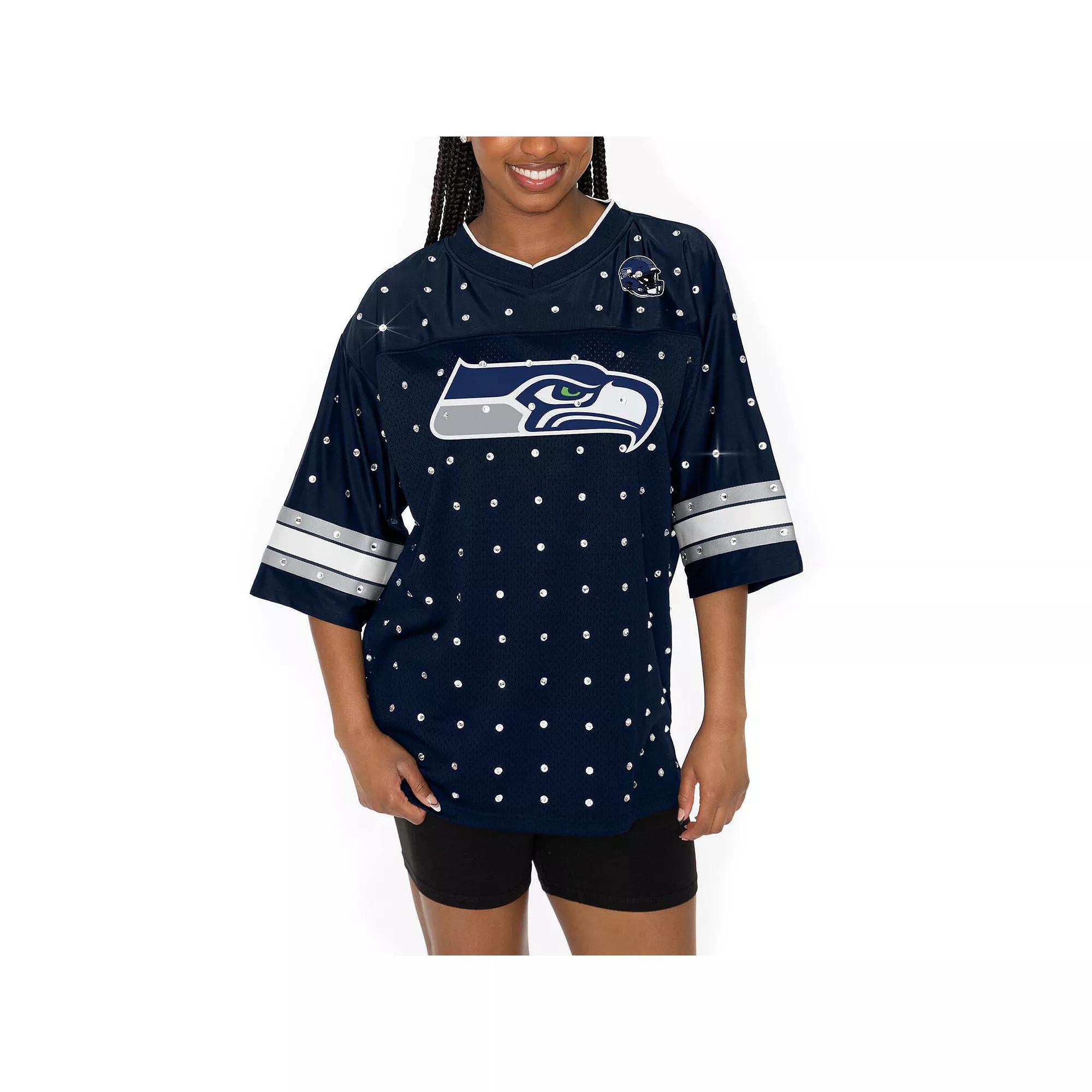 Women's Gameday Couture College Navy Seattle Seahawks Kickoff Time Allover Rhinestone Sports Stripe Jersey V-Neck T-Shirt, Size: Small, Team Product Image