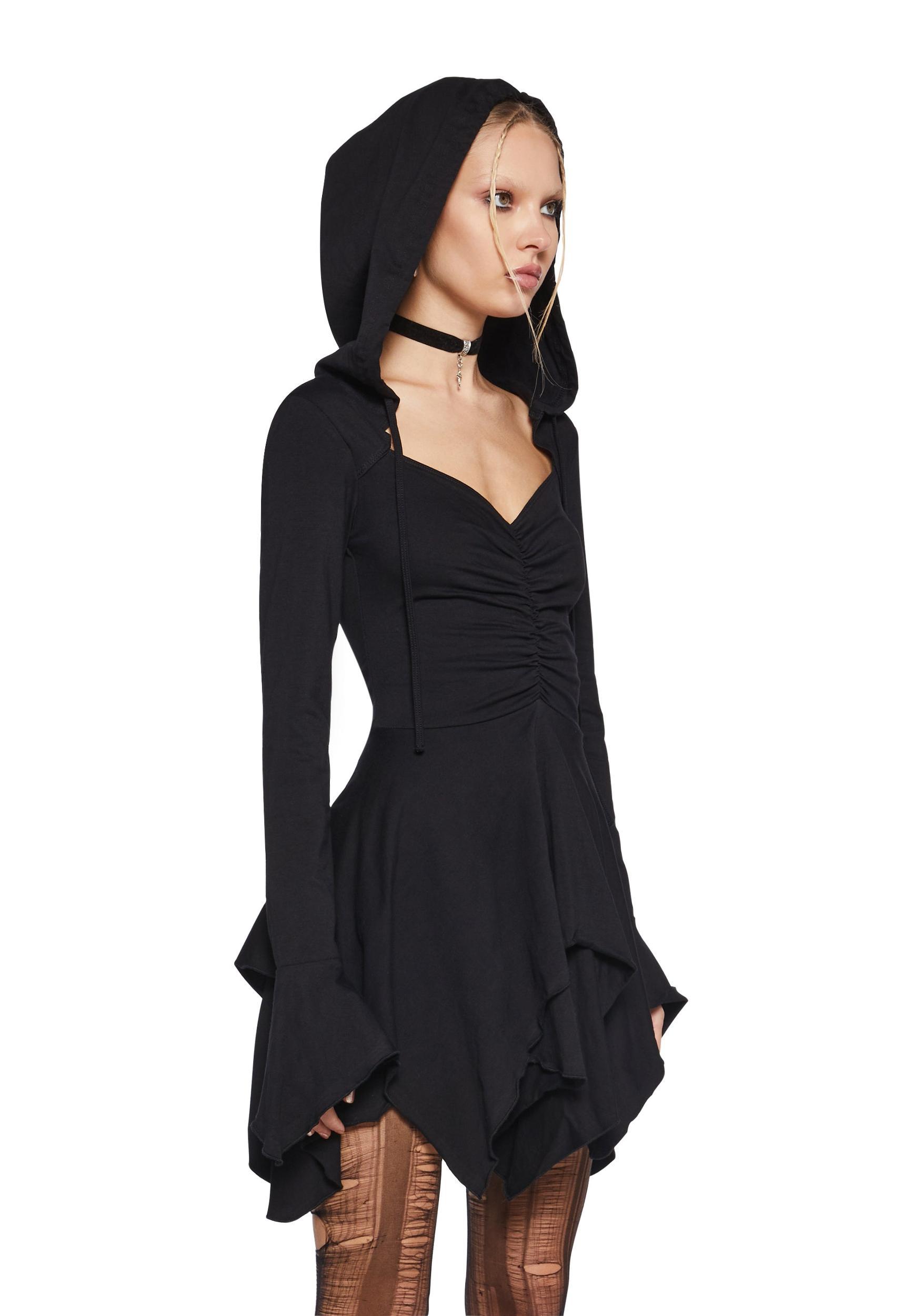 Fairy Fairycore Washed Handkerchief Dress With Hoodie Current Mood - Black Product Image