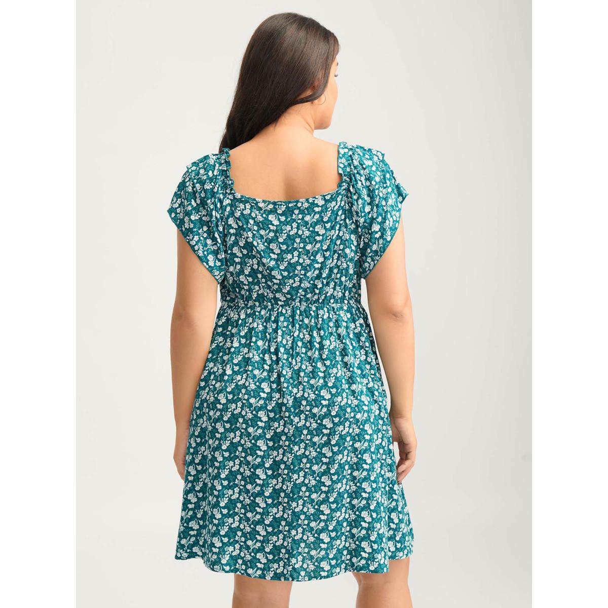 Plus Size Rayon Layered Sleeve Shirred Midi Dress Teal Women Square Neck Cap Sleeve Curvy BloomChic 30/6X Product Image