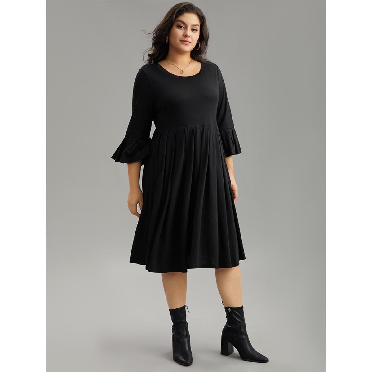 Plus Size Supersoft Essentials Solid Ruffles Pleated Dress Black Women Casual Pleated Round Neck Elbow-length sleeve Curvy Midi Dress BloomChic 26/4X Product Image