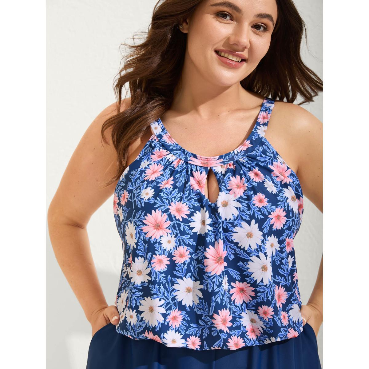 Plus Size Floral Print Keyhole Pockets Swim Romper Women's Swimwear Cerulean Beach Curve Bathing Suits High stretch One Pieces BloomChic 26/4X Product Image