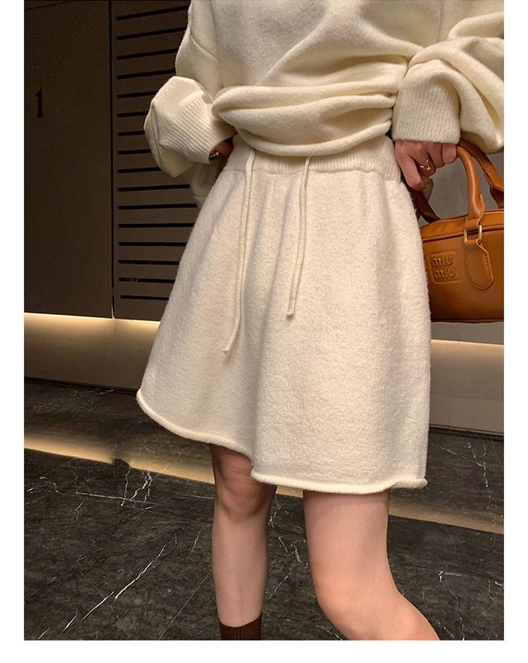 Set: Crew Neck Sweater + Drawstring Waist Shorts Product Image
