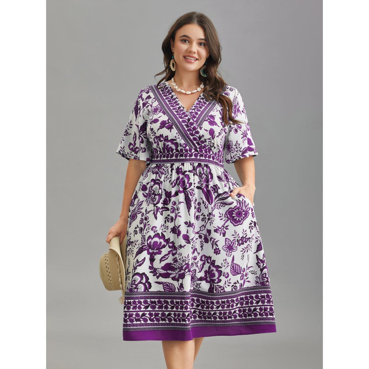 Plus Size Floral Print Wrap-Neck Pocket Midi Dress Mauve Women Resort Non Overlap Collar Short sleeve Curvy BloomChic 12/L Product Image