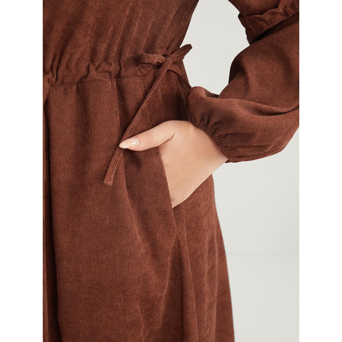 Plus Size Solid Drawstring Pocket Button Detail Shirt Collar Corduroy Dress Brown Women Office Drawstring Shirt collar Long Sleeve Curvy Midi Dress BloomChic 26/4X Product Image