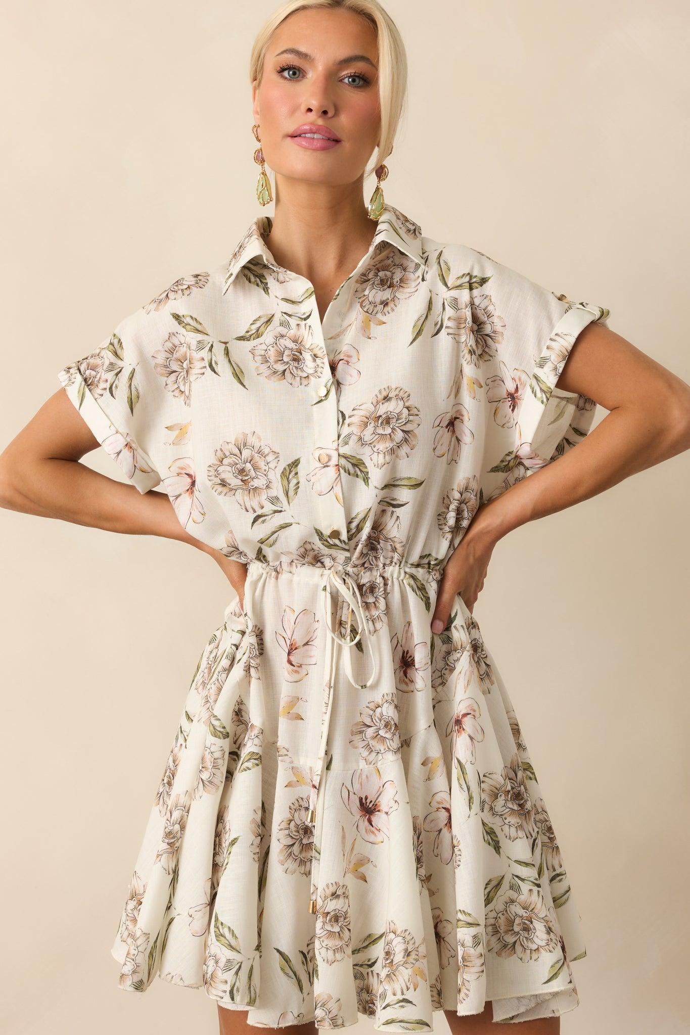 Always In High Spirits Ivory Multi Floral Print Mini Shirt Dress Product Image