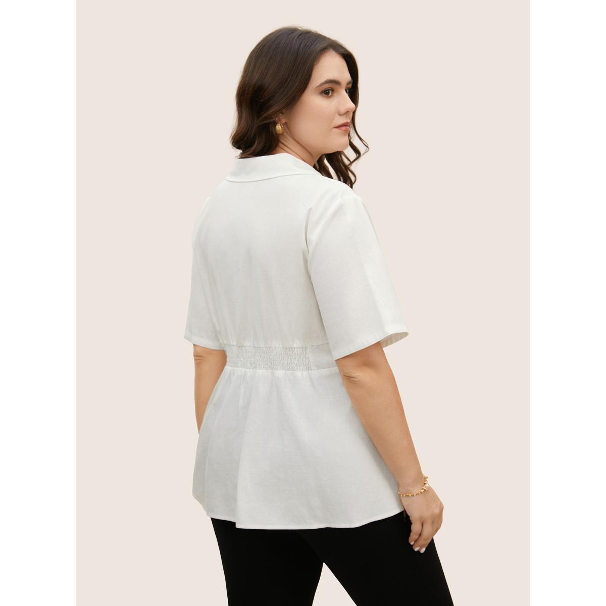 Plus Size Ivory Plain Shirt Collar Waist Design Blouse Women At the Office Short sleeve Shirt collar Work Blouses BloomChic 14-16/1X Product Image
