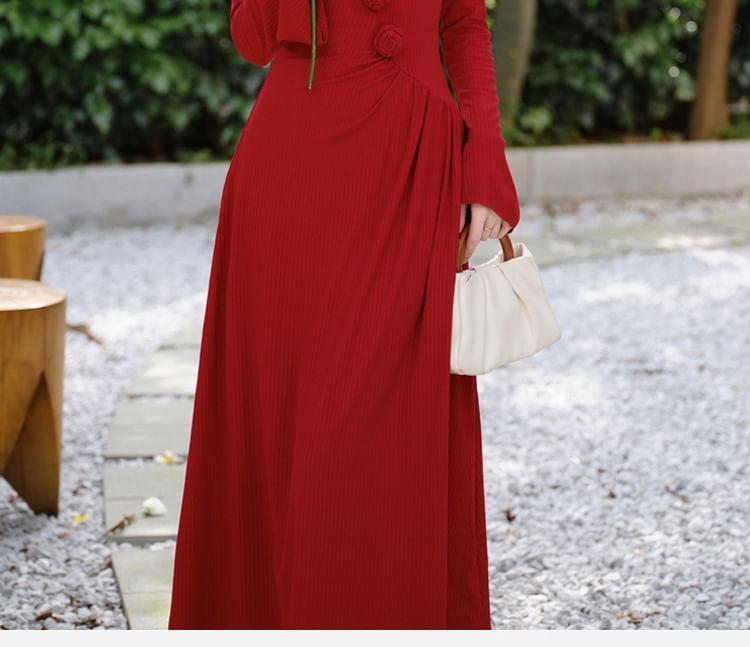 Long Sleeve V-Neck Plain Ruffle Ruched Maxi A-Line Dress Product Image