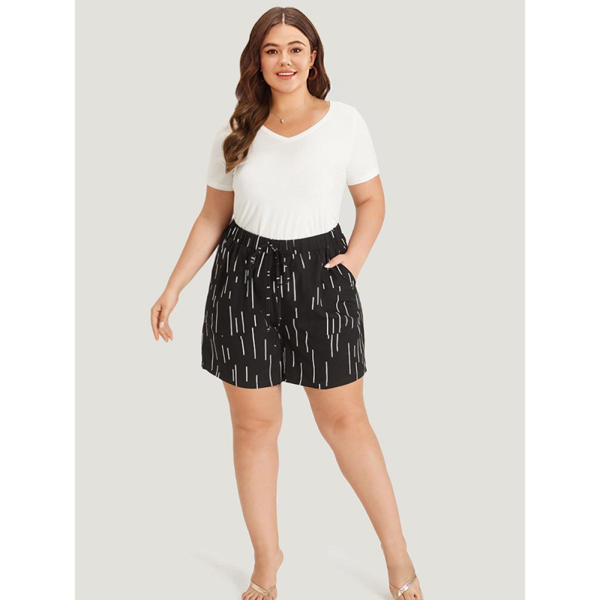 Plus Size Striped Print Ties Slant Pocket Elastic Waist Shorts Women Black Elegant Cross straps Dailywear Shorts BloomChic 14-16/1X Product Image