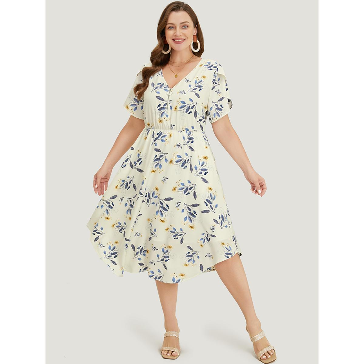 Plus Size Floral Arc Hem Pocket Split Petal Sleeve Zip Up Dress Ivory Women Office Lined V-neck Short sleeve Curvy Midi Dress BloomChic 28/5X Product Image