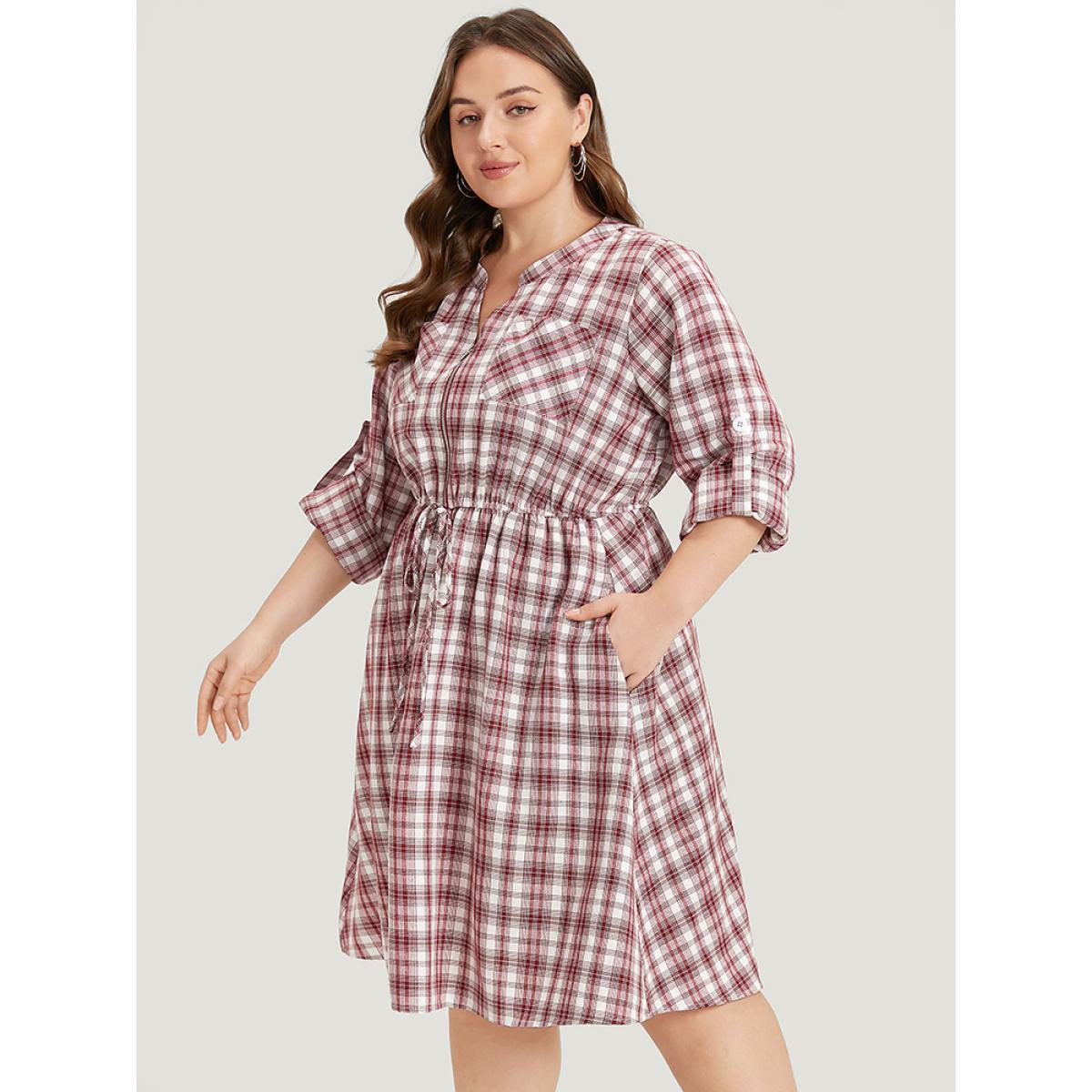 Plus Size Plaid Drawstring Zipper Notched Tab Sleeve Dress Raspberry Women Elegant Zipper Notched collar Long Sleeve Curvy Knee Dress BloomChic 10/M Product Image