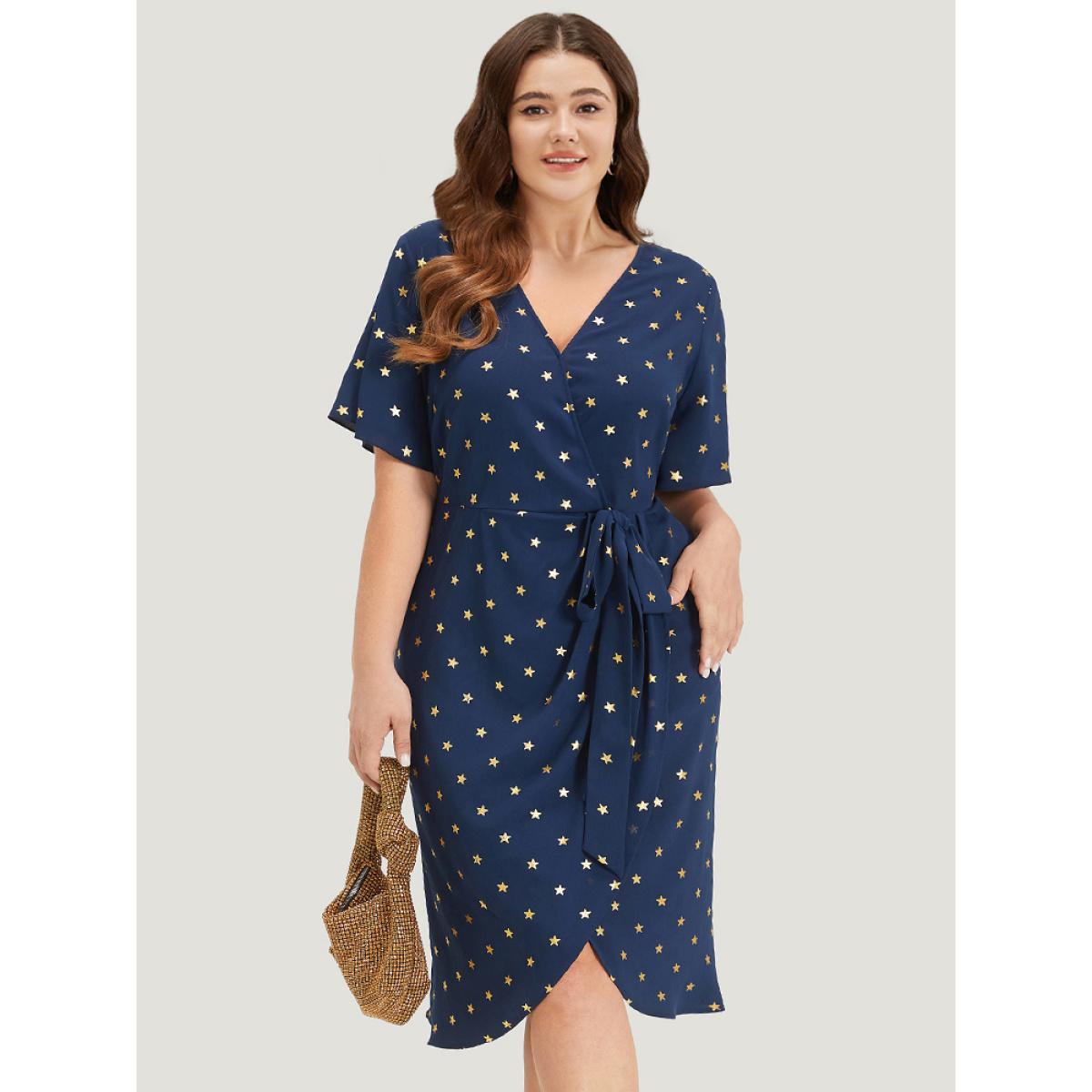 Plus Size Star Wrap Ties Pocket Ruffle Sleeve Dress Indigo Women Party Wrap Overlap Collar Sleeveless Curvy Midi Dress BloomChic 14-16/1X Product Image