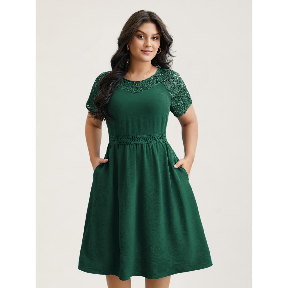 Plus Size Lace Cut-Out Raglan Sleeve Pockets Midi Dress DarkGreen Women Elegant Woven ribbon&lace trim Round Neck Short sleeve Curvy BloomChic 30/6X Product Image