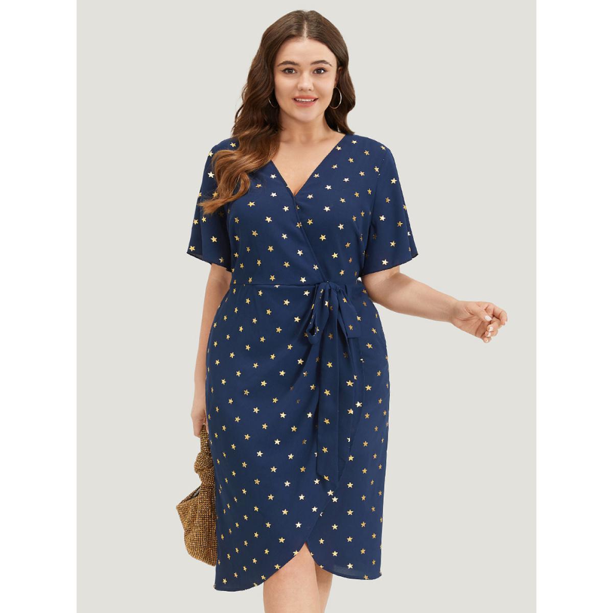 Plus Size Star Wrap Ties Pocket Ruffle Sleeve Dress Indigo Women Party Wrap Overlap Collar Sleeveless Curvy Midi Dress BloomChic 14-16/1X Product Image