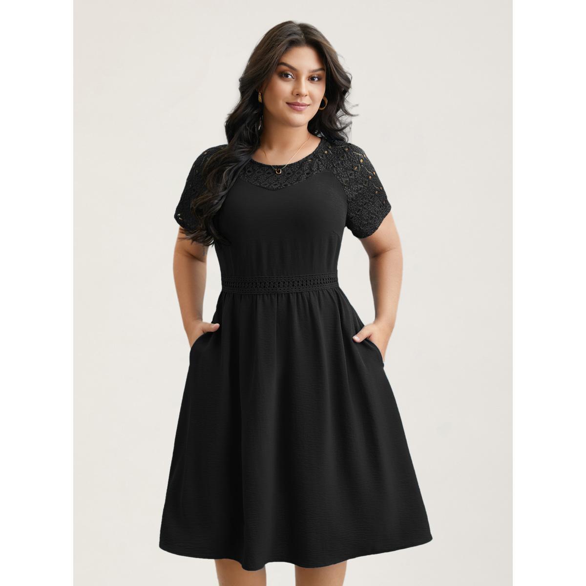 Plus Size Lace Cut-Out Raglan Sleeve Pockets Midi Dress Black Women Elegant Woven ribbon&lace trim Round Neck Short sleeve Curvy BloomChic 14-16/1X Product Image