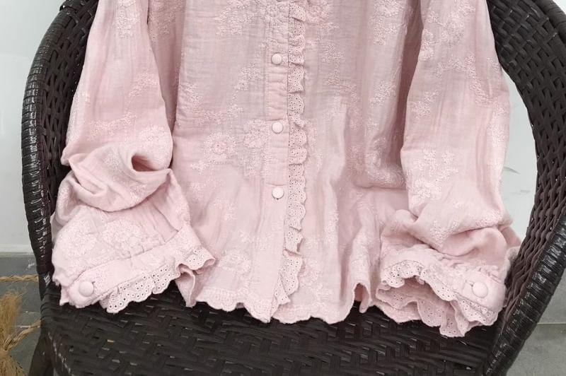 Frill Trim Collar Button-Up Plain Cardigan Product Image