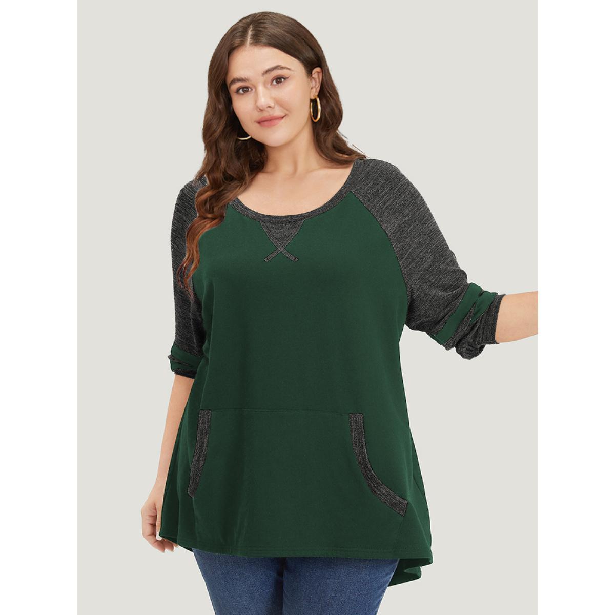 Plus Size Striped Contrast Pocket Raglan Sleeve High Low Hem Sweatshirt Women DarkGreen Casual Contrast Round Neck Everyday Sweatshirts BloomChic 28/5X Product Image