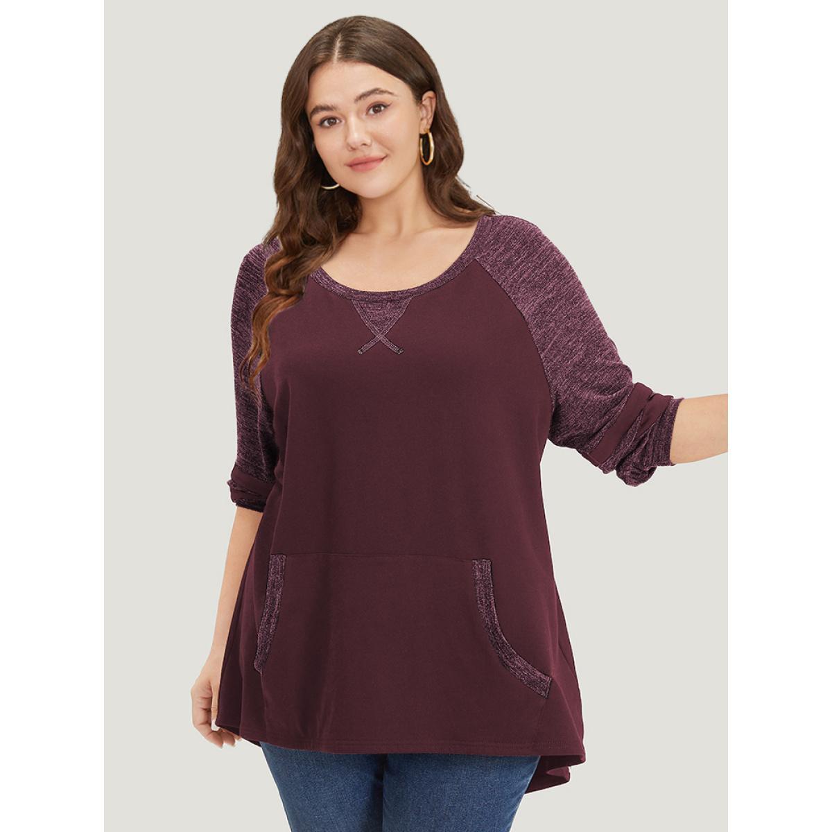 Plus Size Striped Contrast Pocket Raglan Sleeve High Low Hem Sweatshirt Women Burgundy Casual Contrast Round Neck Everyday Sweatshirts BloomChic 30/6X Product Image