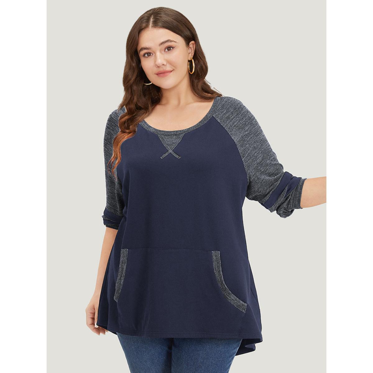 Plus Size Striped Contrast Pocket Raglan Sleeve High Low Hem Sweatshirt Women Indigo Casual Contrast Round Neck Everyday Sweatshirts BloomChic 22-24/3X Product Image